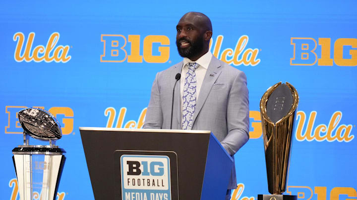Jul 24, 2025; Las Vegas, NV, USA; UCLA head coach DeShaun Foster speaks to the media during the Big Ten NCAA college football media days at Mandalay Bay Resort. Mandatory Credit: Lucas Peltier-Imagn Images