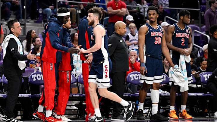 Jan 10, 2026; Fort Worth, Texas, USA; Arizona Wildcats guard Anthony Dell'orso (3) comes out of the game against the TCU Horned Frogs during the second half at the Ed and Rae Schollmaier Arena. Mandatory Credit: Jerome Miron-Imagn Images