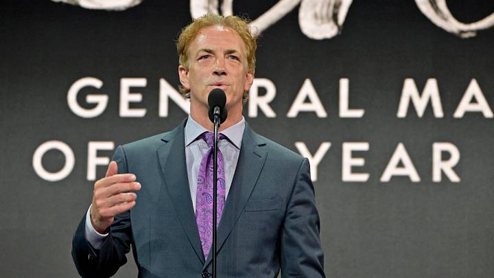 Jul 7, 2022; Montreal, Quebec, CANADA; Colorado Avalanche executive vice president and general manager Joe Sakic speaks after receiving the Jim Gregory general manager of the year award during the first round of the 2022 NHL Draft at Bell Centre. Mandatory Credit: Eric Bolte-Imagn Images Jul 7, 2022; Montreal, Quebec, CANADA; Colorado Avalanche executive vice president and general manager Joe Sakic speaks after receiving the Jim Gregory general manager of the year award during the first round of the 2022 NHL Draft at Bell Centre. Mandatory Credit: Eric Bolte-Imagn Images