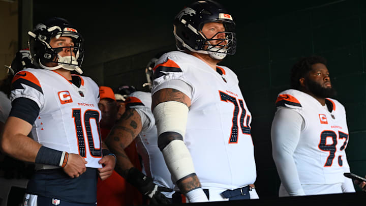 Oct 5, 2025; Philadelphia, Pennsylvania, USA; Denver Broncos quarterback Bo Nix (10), guard Ben Powers (74) and defensive tackle D.J. Jones (93) in the tunnel before game against the Philadelphia Eagles at Lincoln Financial Field. 