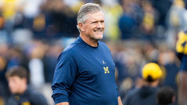 Michigan Wolverines head coach Kyle Whittingham smiles as he observes warmups ahead of a game against UTEP at Michigan Stadium in Ann Arbor on Saturday, Sept. 19, 2026.