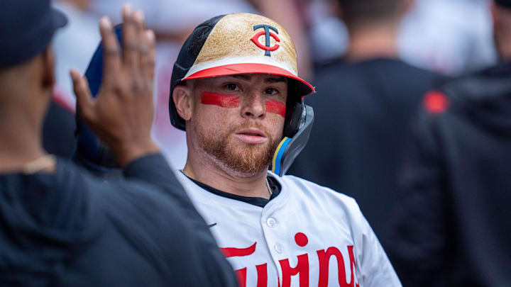 May 24, 2025; Minneapolis, Minnesota, USA; Minnesota Twins catcher Christian Vazquez (8) scores after first base Ty France (13) hits a single off a pitch from Kansas City Royals starting pitcher Michael Wacha (52) in the fifth inning at Target Field. Mandatory Credit: Matt Blewett-Imagn Images May 24, 2025; Minneapolis, Minnesota, USA; Minnesota Twins catcher Christian Vazquez (8) scores after first base Ty France (13) hits a single off a pitch from Kansas City Royals starting pitcher Michael Wacha (52) in the fifth inning at Target Field. Mandatory Credit: Matt Blewett-Imagn Images
