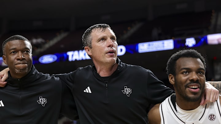 Nov 18, 2025; College Station, Texas, USA; Texas A&M Aggies head coach Bucky McMillan celebrates the win over  Montana Grizzlies at Reed Arena. Mandatory Credit: Maria Lysaker-Imagn Images 