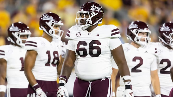Sep 7, 2024; Tempe, Arizona, USA; Mississippi State Bulldogs offensive lineman Makylan Pounders (66) against the Arizona State Sun Devils at Mountain America Stadium. Mandatory Credit: Mark J. Rebilas-Imagn Images