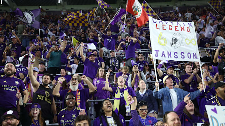 Nov 24, 2024; Orlando, Florida, USA; Orlando City fans cheer following a win over Atlanta United in a 2024 MLS Cup conference semifinal match at Inter&Co Stadium. Mandatory Credit: Nathan Ray Seebeck-Imagn Images
