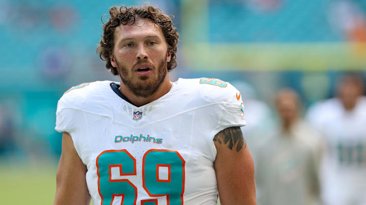 Miami Dolphins guard Cole Strange looks on before a game against the New England Patriots at Hard Rock Stadium last season.