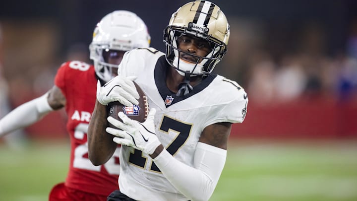 Aug 10, 2024; Glendale, Arizona, USA; New Orleans Saints  wide receiver A.T. Perry (17) against the Arizona Cardinals during a preseason NFL game at State Farm Stadium. Mandatory Credit: Mark J. Rebilas-Imagn Images