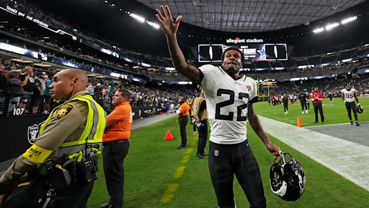 Nov 2, 2025; Paradise, Nevada, USA; Jacksonville Jaguars cornerback Jarrian Jones (22) waves to fans after the win against the Las Vegas Raiders at Allegiant Stadium. Nov 2, 2025; Paradise, Nevada, USA; Jacksonville Jaguars cornerback Jarrian Jones (22) waves to fans after the win against the Las Vegas Raiders at Allegiant Stadium.