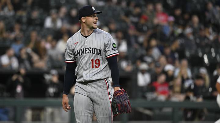 May 27, 2026; Chicago, Illinois, USA;  Minnesota Twins pitcher Eric Orze (19) after the fifth inning against the Chicago White Sox at Rate Field. Mandatory Credit: Matt Marton-Imagn Images