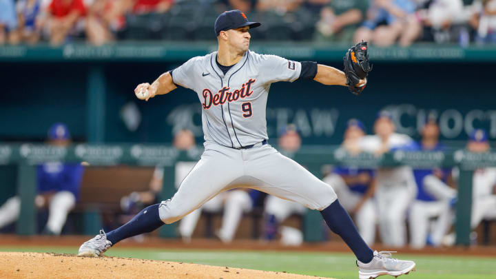 Jun 4, 2024; Arlington, Texas, USA; Detroit Tigers pitcher Jack Flaherty (9) throws during the first inning against the Texas Rangers at Globe Life Field. Mandatory Credit: Andrew Dieb-USA TODAY Sports Jun 4, 2024; Arlington, Texas, USA; Detroit Tigers pitcher Jack Flaherty (9) throws during the first inning against the Texas Rangers at Globe Life Field. Mandatory Credit: Andrew Dieb-USA TODAY Sports