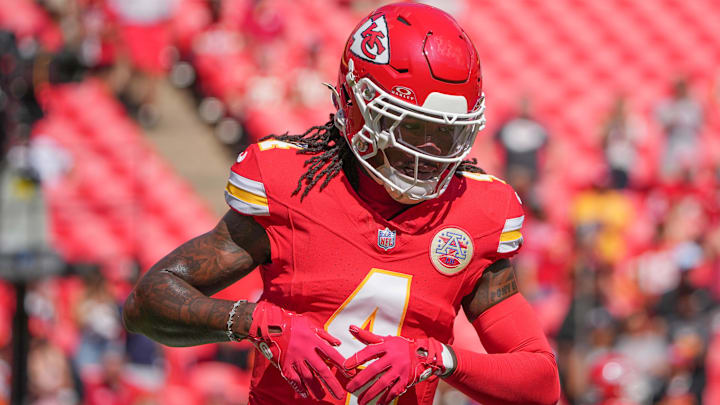 Sep 15, 2024; Kansas City, Missouri, USA; Kansas City Chiefs wide receiver Rashee Rice (4) warms up against the Cincinnati Bengals prior to a game at GEHA Field at Arrowhead Stadium. Mandatory Credit: Denny Medley-Imagn Images