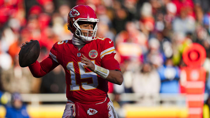 Dec 14, 2025; Kansas City, Missouri, USA; Kansas City Chiefs quarterback Patrick Mahomes (15) looks to pass against the Los Angeles Chargers during the second quarter at GEHA Field at Arrowhead Stadium. Mandatory Credit: Jay Biggerstaff-Imagn Images Dec 14, 2025; Kansas City, Missouri, USA; Kansas City Chiefs quarterback Patrick Mahomes (15) looks to pass against the Los Angeles Chargers during the second quarter at GEHA Field at Arrowhead Stadium. Mandatory Credit: Jay Biggerstaff-Imagn Images