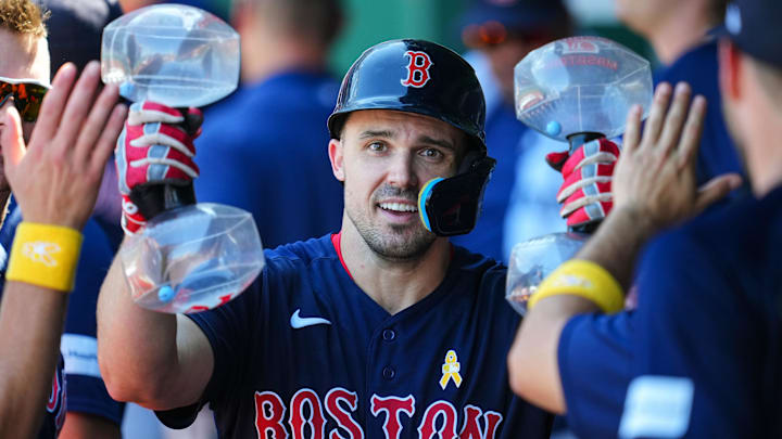 Sep 3, 2023; Kansas City, Missouri, USA; Boston Red Sox center fielder Adam Duvall (18) celebrates