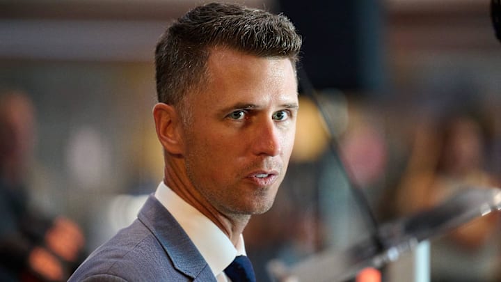 Oct 1, 2024; San Francisco, CA, USA; San Francisco Giants president of baseball operations Buster Posey speaks with the media after an introductory press conference at Oracle Park.  