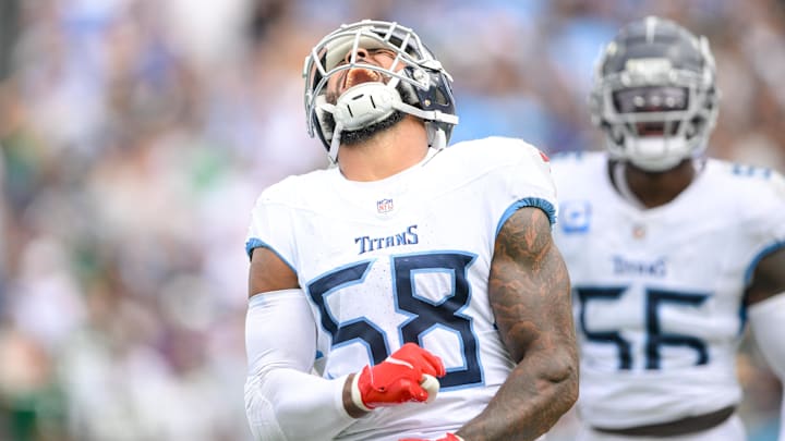 Sep 15, 2024; Nashville, Tennessee, USA;  Tennessee Titans linebacker Harold Landry III (58) celebrates his sack over New York Jets quarterback Aaron Rodgers (8) during the first halfat Nissan Stadium.