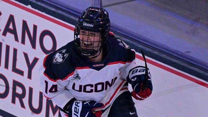 Senior forward Brooke Campbell smiles during Connecticut's 2-1 victory over St. Cloud State on Sept. 27, 2025
