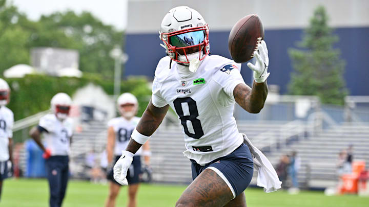 Jun 9, 2025; Foxborough, MA, USA; New England Patriots wide receiver Stefon Diggs (8) tries to catch the ball during minicamp at Gillette Stadium. Mandatory Credit: Eric Canha-Imagn Images