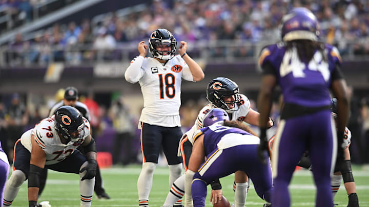 Nov 16, 2025; Minneapolis, Minnesota, USA; Chicago Bears quarterback Caleb Williams (18) calls a play during the second quarter against the Minnesota Vikings at U.S. Bank Stadium. Mandatory Credit: Jeffrey Becker-Imagn Images Nov 16, 2025; Minneapolis, Minnesota, USA; Chicago Bears quarterback Caleb Williams (18) calls a play during the second quarter against the Minnesota Vikings at U.S. Bank Stadium. Mandatory Credit: Jeffrey Becker-Imagn Images