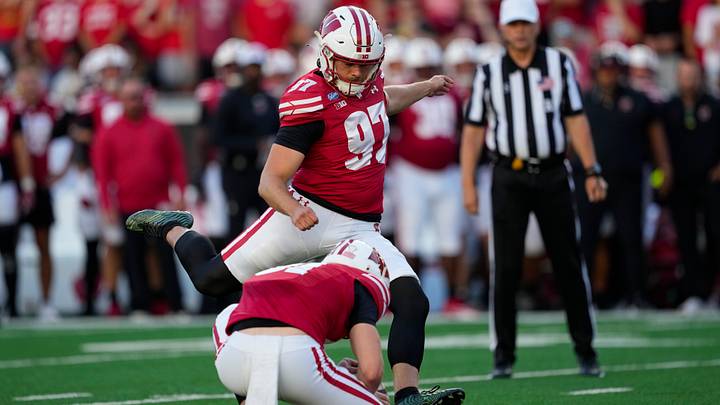 Sep 12, 2026; Madison, Wisconsin, USA;  Wisconsin Badgers kicker Gavin Lahm (97) during the game against the Western Illinois Leathernecks at Camp Randall Stadium. Mandatory Credit: Jeff Hanisch-Imagn Images
