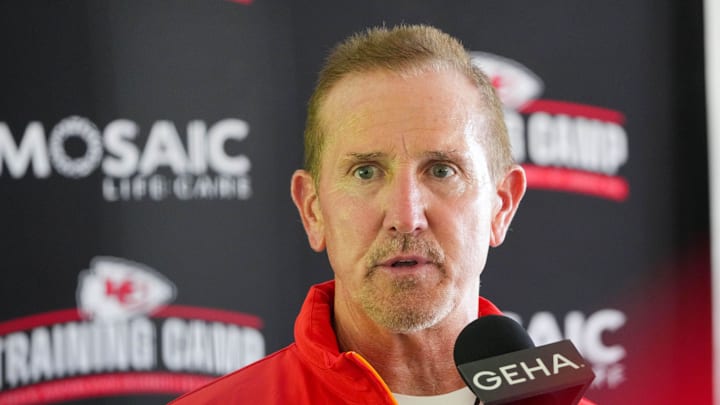 Jul 22, 2024; St. Joseph, MO, USA; Kansas City Chiefs defensive coordinator Steve Spagnuolo talks with media after training camp at Missouri Western State University. Mandatory Credit: Denny Medley-Imagn Images