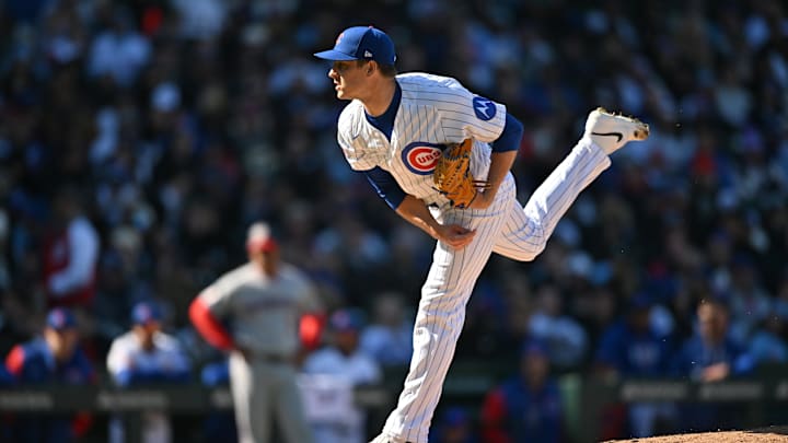Mar 28, 2026; Chicago, Illinois, USA; Chicago Cubs pitcher Phil Maton (88) pitches against the Washington Nationals during the seventh inning at Wrigley Field. Mandatory Credit: Patrick Gorski-Imagn Images