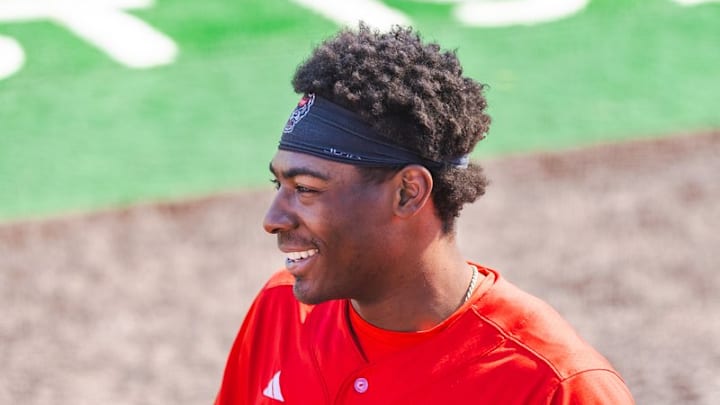 NC State utilityman Sherman Johnson celebrates in the midst of a three-RBI performance in his team's 13-0 win over Sacred Heart on Sunday, March 1, 2026. 