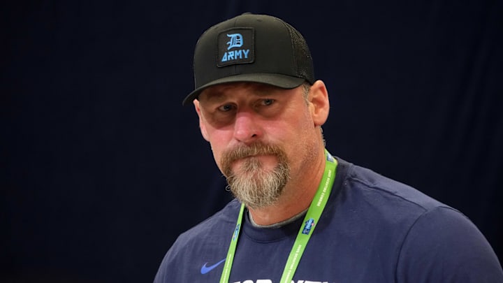 Feb 25, 2025; Indianapolis, IN, USA; Detroit Lions coach Dan Campbell speaks during the NFL Scouting Combine at the Indiana Convention Center. Mandatory Credit: Kirby Lee-Imagn Images
