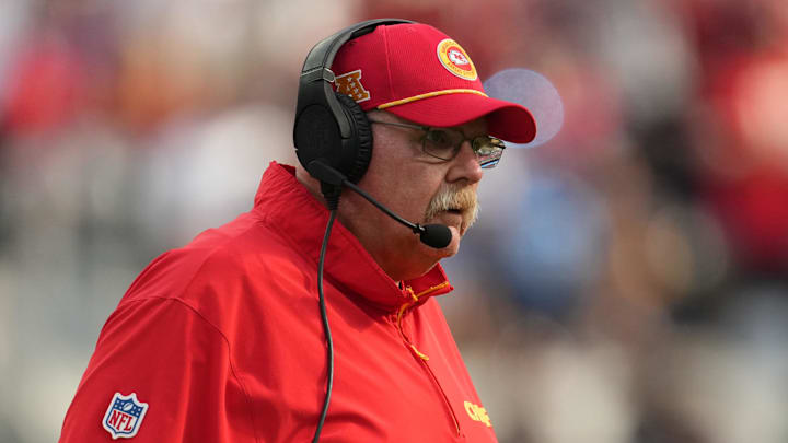 Sep 29, 2024; Inglewood, California, USA; Kansas City Chiefs coach Andy Reid looks on against the Los Angeles Chargers in the second half at SoFi Stadium. Mandatory Credit: Kirby Lee-Imagn Images