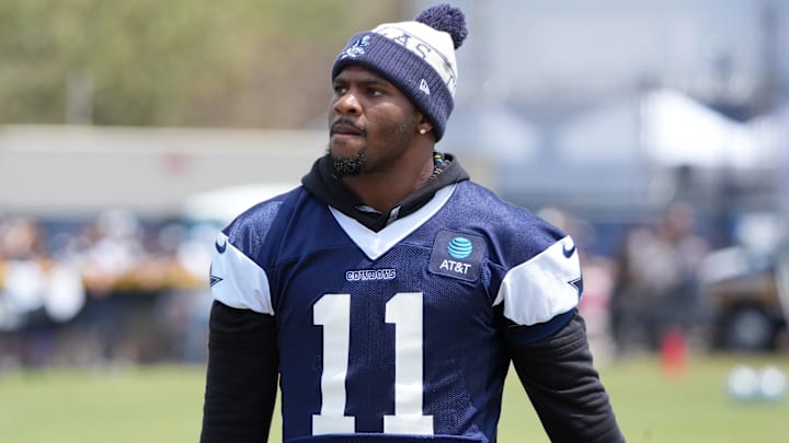 Jul 26, 2025; Oxnard, CA, USA; Dallas Cowboys defensive end Micah Parsons (11) at training camp at the River Ridge Fields. Mandatory Credit: Kirby Lee-Imagn Images
