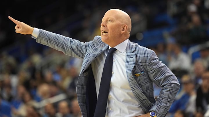 Nov 20, 2024; Los Angeles, California, USA; UCLA Bruins head coach Mick Cronin reacts against the Idaho State Bengals in the first half at Pauley Pavilion presented by Wescom. Mandatory Credit: Kirby Lee-Imagn Images