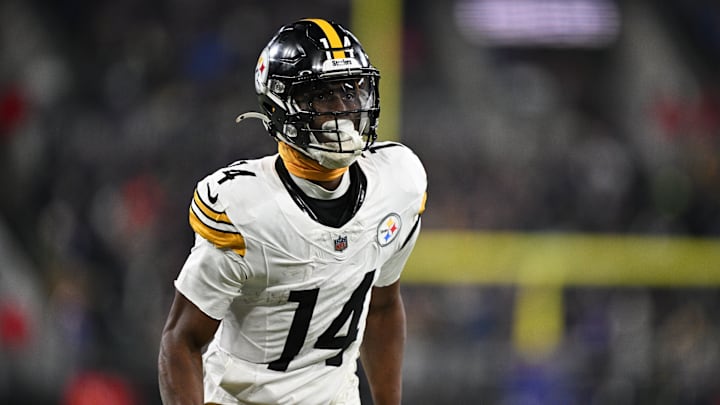 Jan 11, 2025; Baltimore, Maryland, USA; Pittsburgh Steelers wide receiver George Pickens (14) looks on in the third quarter against the Baltimore Ravens in an AFC wild card game at M&T Bank Stadium. Mandatory Credit: Tommy Gilligan-Imagn Images