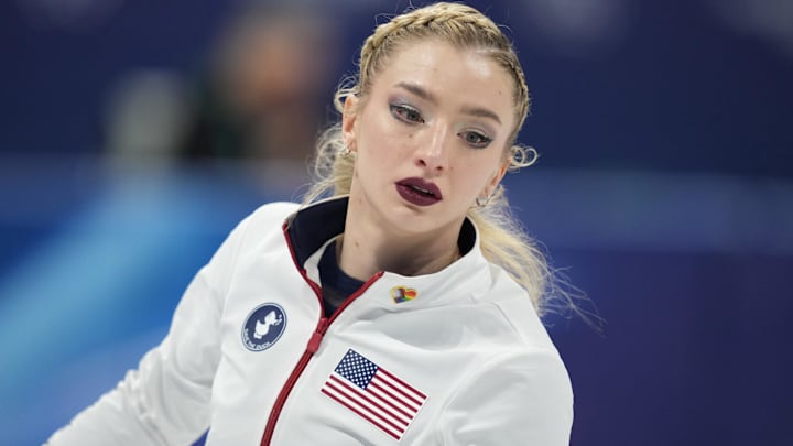 Feb 19, 2026; Milan, Italy; Amber Glenn of the United States is introduced before competing in the women's free skate during the Milano Cortina 2026 Olympic Winter Games at Milano Ice Skating Arena.