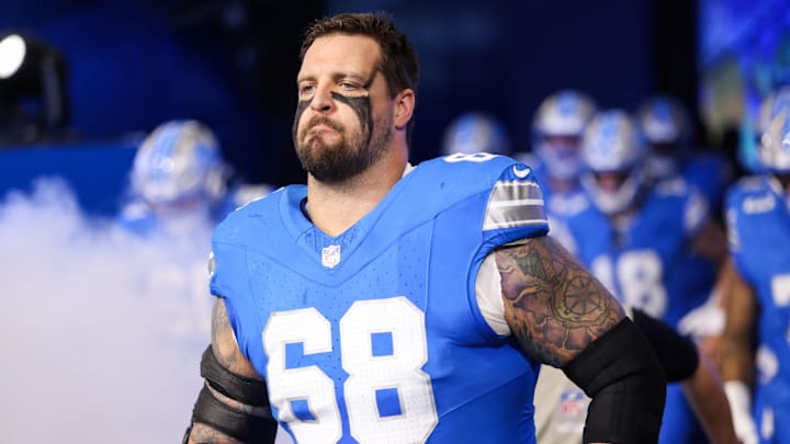 Detroit Lions tackle Taylor Decker (68) enters the field before the game against the Minnesota Vikings at Ford Field. Detroit Lions tackle Taylor Decker (68) enters the field before the game against the Minnesota Vikings at Ford Field.