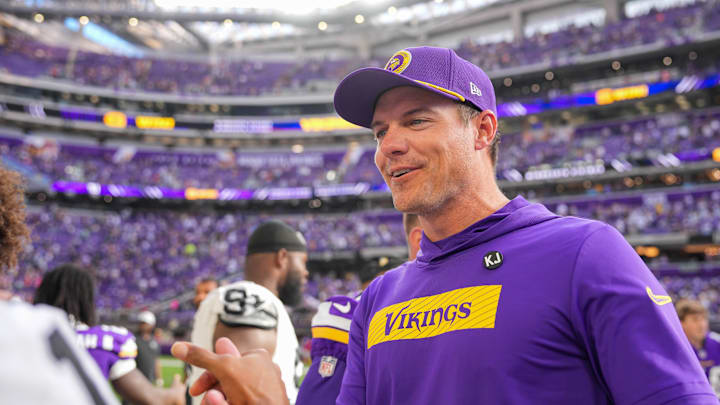 Aug 10, 2024; Minneapolis, Minnesota, USA; Minnesota Vikings head coach Kevin O'Connell after the game against the Las Vegas Raiders at U.S. Bank Stadium. Aug 10, 2024; Minneapolis, Minnesota, USA; Minnesota Vikings head coach Kevin O'Connell after the game against the Las Vegas Raiders at U.S. Bank Stadium.