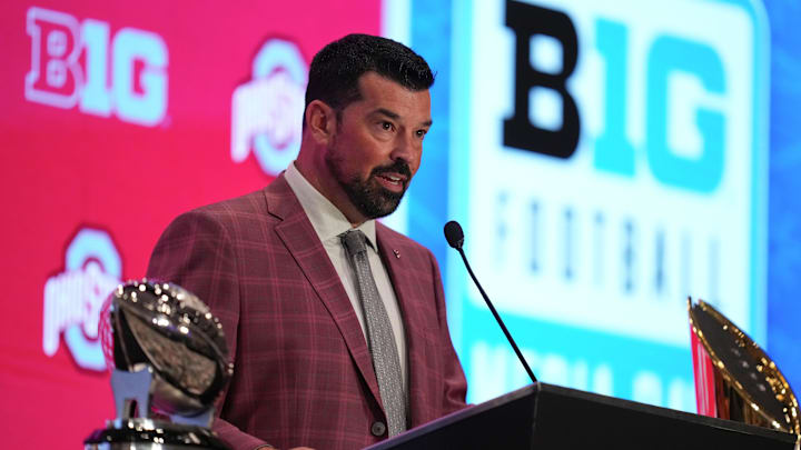 Jul 22, 2025; Las Vegas, NV, USA; Ohio State head coach Ryan Day speaks to the media during the Big Ten NCAA college football media days at Mandalay Bay Resort. Mandatory Credit: Lucas Peltier-Imagn Images Jul 22, 2025; Las Vegas, NV, USA; Ohio State head coach Ryan Day speaks to the media during the Big Ten NCAA college football media days at Mandalay Bay Resort. Mandatory Credit: Lucas Peltier-Imagn Images