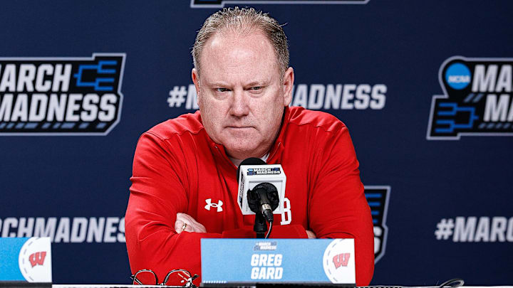 Mar 19, 2025; Denver, CO, USA; Wisconsin Badgers head coach Greg Gard during a press conference at Ball Arena. Mar 19, 2025; Denver, CO, USA; Wisconsin Badgers head coach Greg Gard during a press conference at Ball Arena.