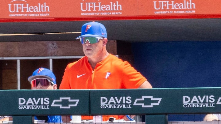 Florida baseball head coach Kevin O'Sullivan watches from the dugout during Game 1 of a doubleheader against Tennessee on May 3. The Gators need to win 3 of their final 6 games to ensure an NCAA Tournament berth this season