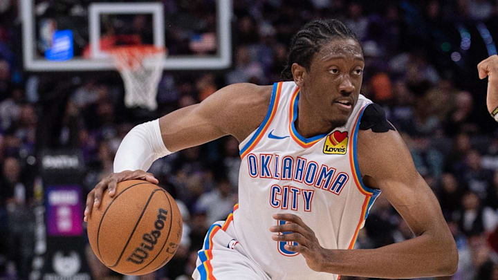 Nov 25, 2024; Sacramento, California, USA; Oklahoma City Thunder forward Jalen Williams (8) drives to the basket against the Sacramento Kings during the third quarter at Golden 1 Center. Mandatory Credit: Ed Szczepanski-Imagn Images Nov 25, 2024; Sacramento, California, USA; Oklahoma City Thunder forward Jalen Williams (8) drives to the basket against the Sacramento Kings during the third quarter at Golden 1 Center. Mandatory Credit: Ed Szczepanski-Imagn Images