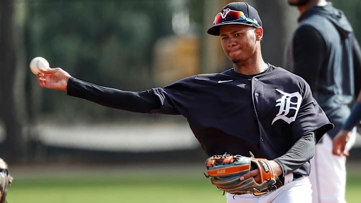 Infielder Sergio Alcantara practices during Detroit Tigers spring training at TigerTown in Lakeland, Fla., Wednesday, Feb. 19, 2020.