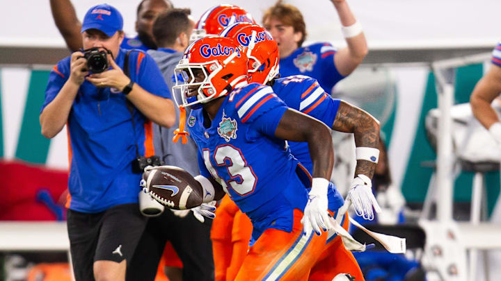 Florida Gators defensive back Alfonzo Allen Jr. (43) intercepts the ball during the second half at Raymond James Stadium in Tampa, FL on Friday, December 20, 2024 in the 2024 Union Home Mortgage Gasparilla Bowl. The Gators defeated Tulane 33-8. [Doug Engle/Gainesville Sun]