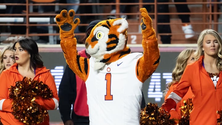 Dec 21, 2024; Austin, Texas, USA; Clemson Tigers mascot The Tiger during the CFP National playoff first round at Darrell K Royal-Texas Memorial Stadium. Mandatory Credit: Mark J. Rebilas-Imagn Images