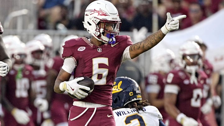 Sep 21, 2024; Tallahassee, Florida, USA; Florida State Seminoles wide receiver Jalen Brown (6) signals first down after a catch during the first half against the California Golden Bears at Doak S. Campbell Stadium. Mandatory Credit: Melina Myers-Imagn Images