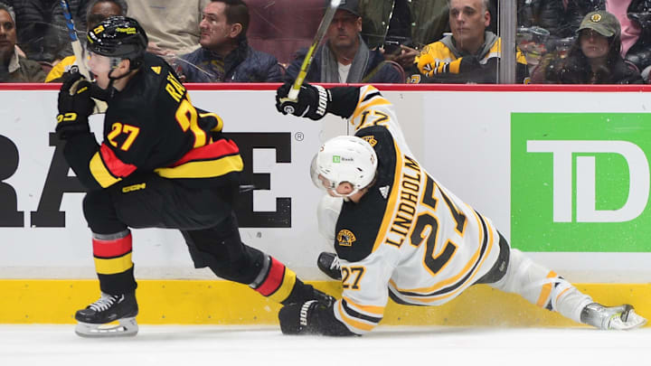 Feb 25, 2023; Vancouver, British Columbia, CAN; Vancouver Canucks forward Aatu Raty (27) checks