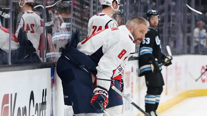 Nov 18, 2024; Salt Lake City, Utah, USA; Washington Capitals left wing Alex Ovechkin (8) warms up before the game against the Utah Hockey Club at Delta Center. Mandatory Credit: Rob Gray-Imagn Images