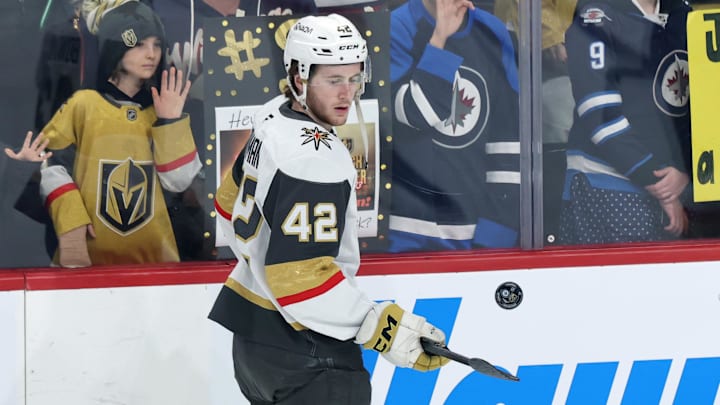 Mar 24, 2026; Winnipeg, Manitoba, CAN; Vegas Golden Knights right wing Braeden Bowman (42) puck juggles before a game against the Winnipeg Jets at Canada Life Centre. Mandatory Credit: James Carey Lauder-Imagn Images Mar 24, 2026; Winnipeg, Manitoba, CAN; Vegas Golden Knights right wing Braeden Bowman (42) puck juggles before a game against the Winnipeg Jets at Canada Life Centre. Mandatory Credit: James Carey Lauder-Imagn Images