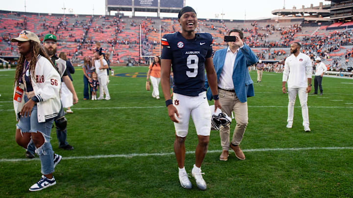 Auburn Tigers quarterback Deuce Knight (9) walks off the field as Auburn Tigers take on Mercer Bears at Jordan-Hare Stadium in Auburn, Ala. on Saturday, Nov. 22, 2025. Auburn Tigers defeated the Mercer Bears 62-17.