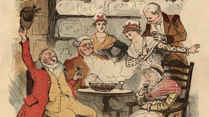 Illustration of people enjoying wassail, circa 1800.