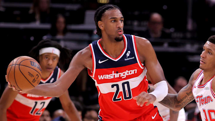 Nov 12, 2025; Houston, Texas, USA; Washington Wizards center Alex Sarr (20) handles the ball against Houston Rockets forward Jabari Smith Jr. (10) during the game at Toyota Center. Mandatory Credit: Erik Williams-Imagn Images Nov 12, 2025; Houston, Texas, USA; Washington Wizards center Alex Sarr (20) handles the ball against Houston Rockets forward Jabari Smith Jr. (10) during the game at Toyota Center. Mandatory Credit: Erik Williams-Imagn Images