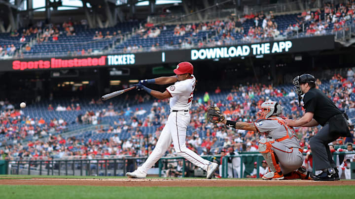 Washington, District of Columbia, USA; Washington Nationals outfielder James Wood (29) doubles against the Baltimore Orioles during the first inning at Nationals Park. Washington, District of Columbia, USA; Washington Nationals outfielder James Wood (29) doubles against the Baltimore Orioles during the first inning at Nationals Park.