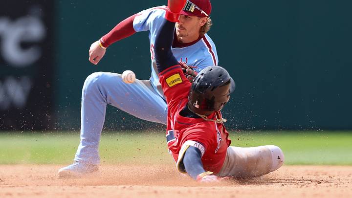 May 29, 2025; Philadelphia, Pennsylvania, USA; Philadelphia Phillies second base Bryson Stott (5) tags out Atlanta Braves second base Ozzie Albies (1) on a stolen base attempt during the ninth inning at Citizens Bank Park. Mandatory Credit: Bill Streicher-Imagn Images May 29, 2025; Philadelphia, Pennsylvania, USA; Philadelphia Phillies second base Bryson Stott (5) tags out Atlanta Braves second base Ozzie Albies (1) on a stolen base attempt during the ninth inning at Citizens Bank Park. Mandatory Credit: Bill Streicher-Imagn Images